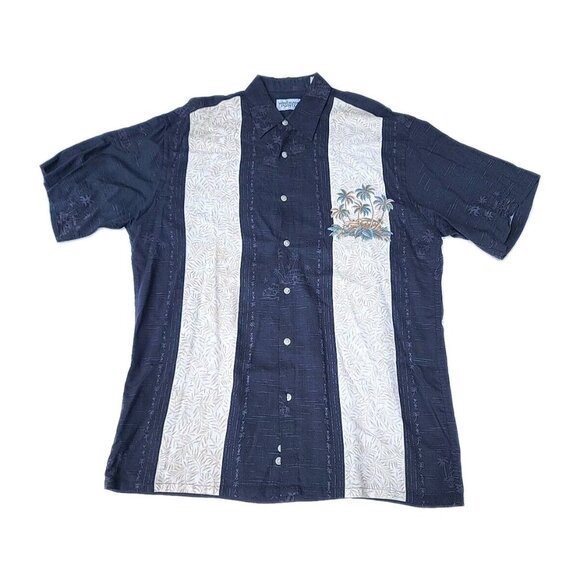 VTG Windham Pointe Cuban Black Striped Palm Print Mens Sz M Button-up Shirt - Picture 1 of 9